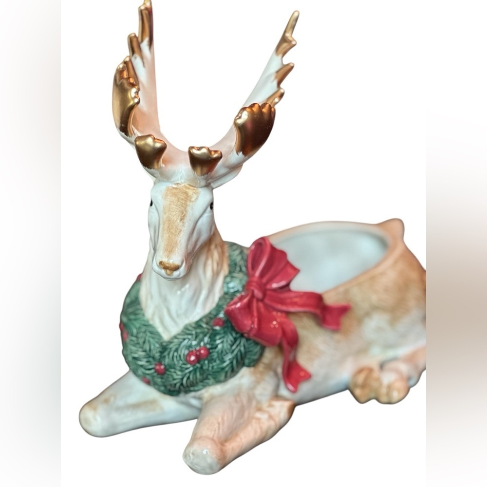 Fitz and Floyd Stag/Reindeer with Christmas Garland Red Bow 1991